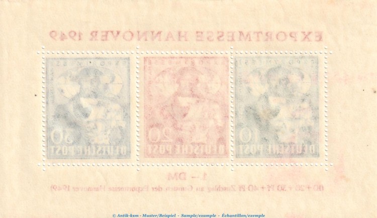 Briefmarken Block 1 -Exportmesse Hannover 1949- in kfr. Mi.103-105 , Bizone