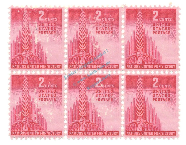 Briefmarken USA 6er Block -Nations united for Victory 1943- S.907 , 6x2 Cent -0502-