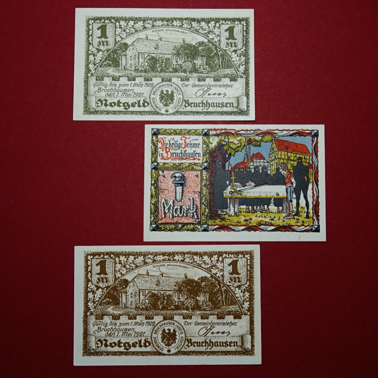 Bruchhausen,190.1, Gemeinde, Nordrhein-Westfalen, Serien Notgeld, 3 x 1 Mark , komplett , kassenfrisch 1 bis 1-