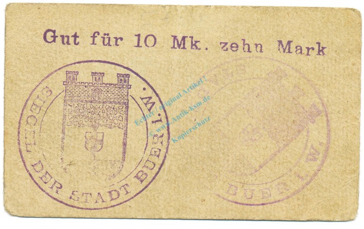 Buer , Notgeld 10 Mark Schein gbr. Diessner 56.5.f , Westfalen o.D. Notgeld 1914-15