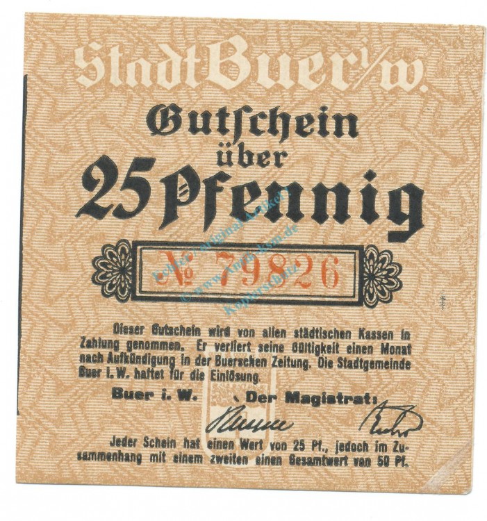 Buer , Notgeld 25 Pfennig Schein unc-kfr. Ti.1005.05.05 NRW o.D. Verkehrsausgabe -4251-