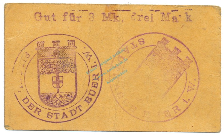 Buer , Notgeld 3 Mark Schein gbr. Diessner 56.5.d , Westfalen o.D. Notgeld 1914-15