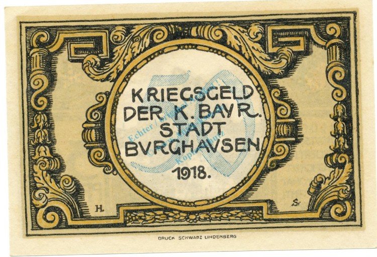 Burghausen , Notgeld 50 Pfennig Schein unc-kfr. Ti.1035.30.10 , BAY 1918 Verkehrsausgabe -4222-