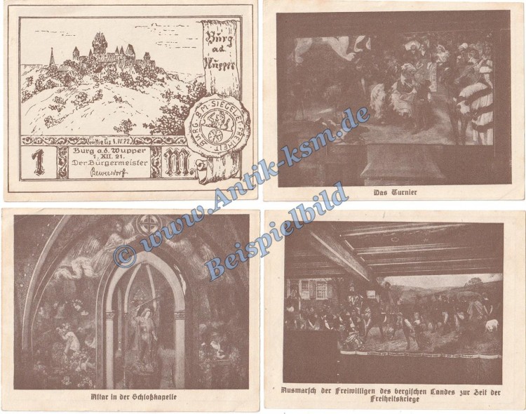 Burg , Notgeld Set 4 x 1 Mark Schein in kfr. M-G 209.1 Westfalen 1921 Seriennotgeld