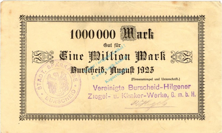 Burscheid , Banknote 1 Million Mark Schein L-gbr. Keller 696.u , Rheinland 1923 Grossnotgeld