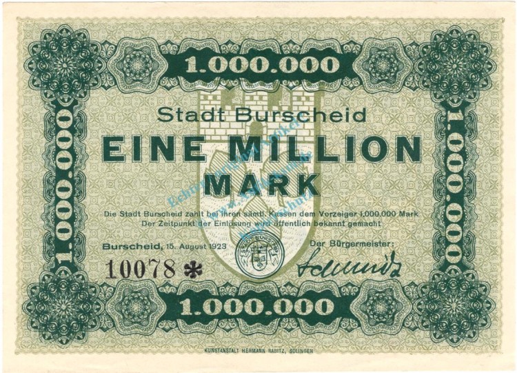 Burscheid , Banknote 1 Million Mark Schein unc-kfr. Keller 695 , Rheinland 1923 Inflation