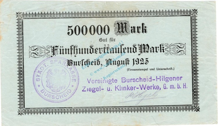 Burscheid , Banknote 500.000 Mark Schein gbr. Keller 696.u , Rheinland 1923 Inflation