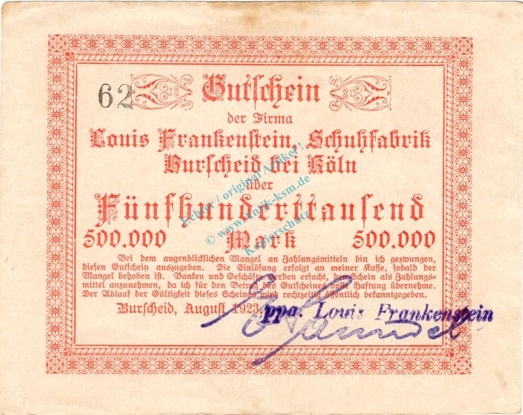 Burscheid , Banknote 500.000 Mark Schein gbr. Keller 697.b , Rheinland 1923 Inflation
