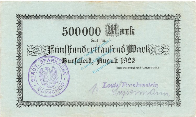 Burscheid , Banknote 500.000 Mark Schein L-gbr. Keller 696.j , Rheinland 1923 Inflation