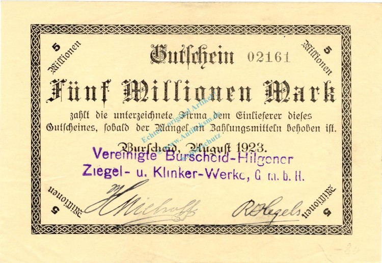 Burscheid , Banknote 5 Millionen Mark Schein unc-kfr. Keller 698 , Rheinland 1923 Inflation