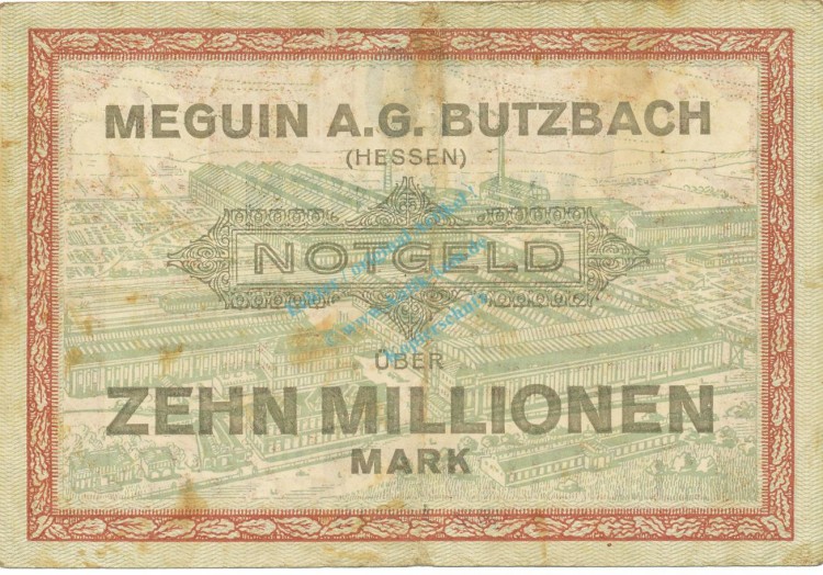 Butzbach , Banknote 10 Millionen Mark Schein gbr. Keller 702.b , Hessen 1923 Inflation