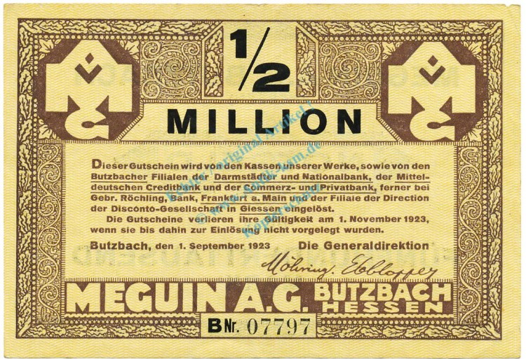 Butzbach , Banknote 1 halbe Million Mark Schein L-gbr. Keller 702.b , Hessen 1923 Inflation