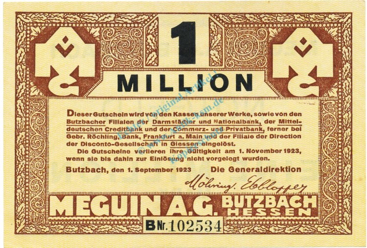 Butzbach , Banknote 1 Million Mark Schein unc-kfr. Keller 702.b , Hessen 1923 Inflation