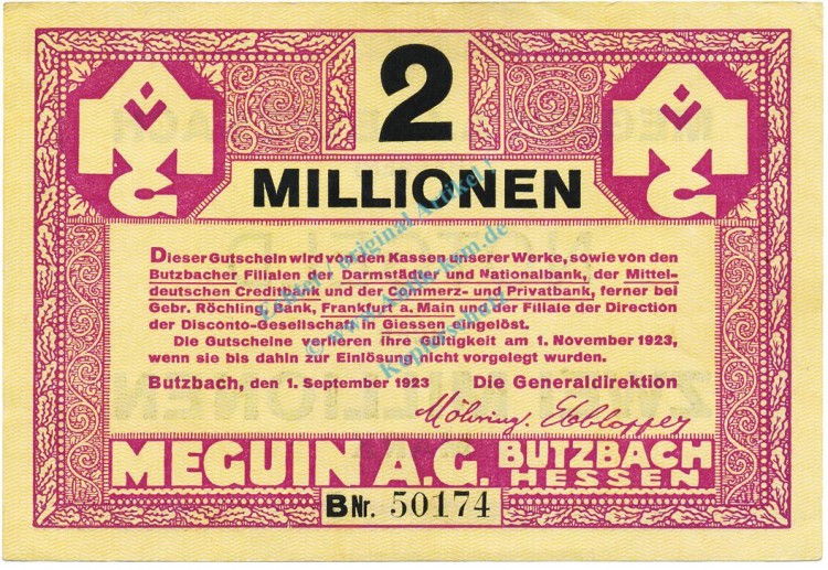Butzbach , Banknote 2 Millionen Mark Schein unc-kfr. Keller 702.b , Hessen 1923 Inflation