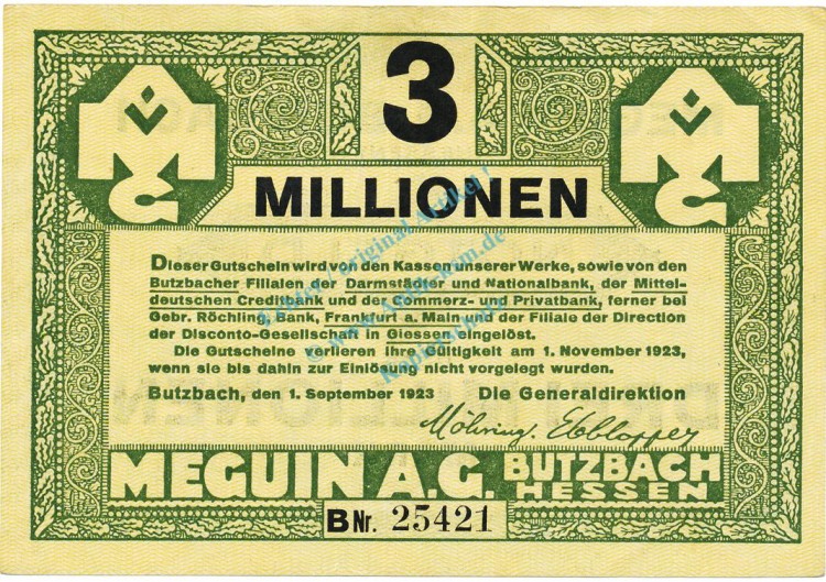 Butzbach , Banknote 3 Millionen Mark Schein L-gbr. Keller 702.b , Hessen 1923 Inflation