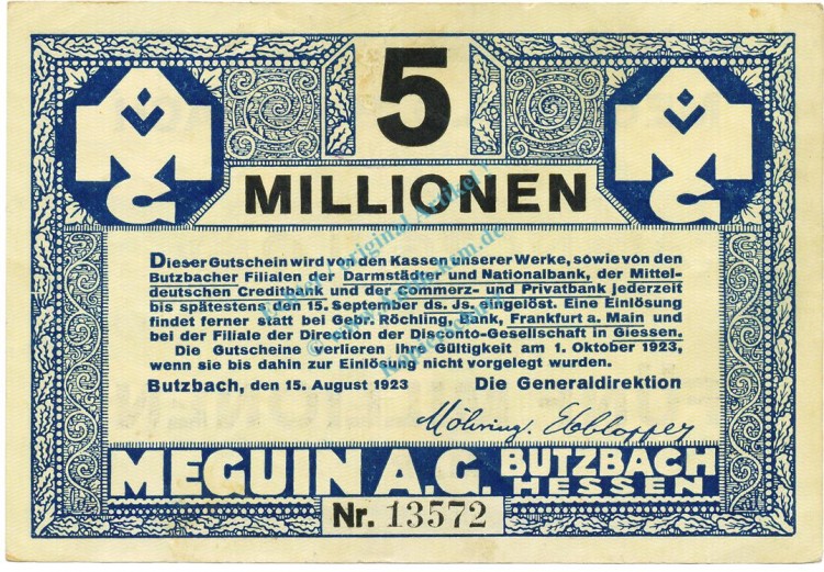 Butzbach , Banknote 5 Millionen Mark Schein L-gbr. Keller 702.a , Hessen 1923 Inflation