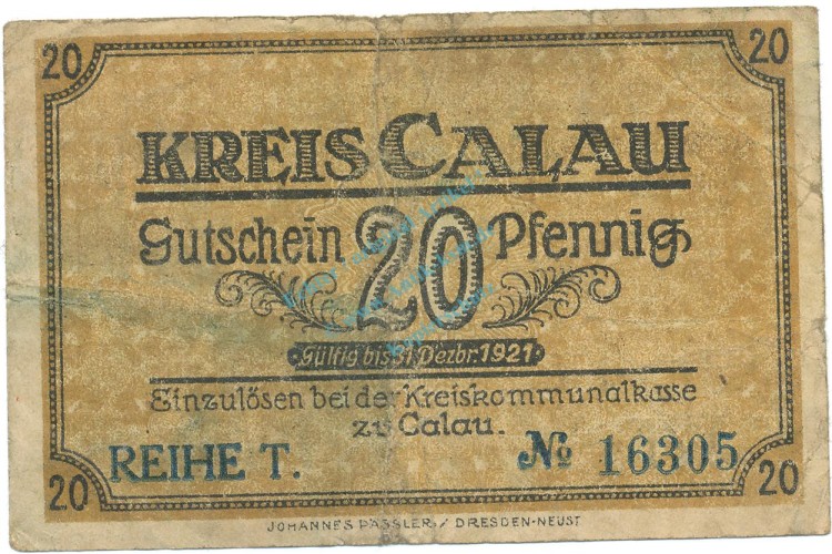 Calau , Notgeld 20 Pfennig Schein gbr. Tieste 1060.05.17 , BBG 1920 Verkehrsausgabe -4151-
