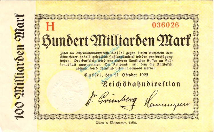 Cassel , Banknote 100 Milliarden Mark Schein gbr. Keller 731.k , Hessen 1923 Inflation