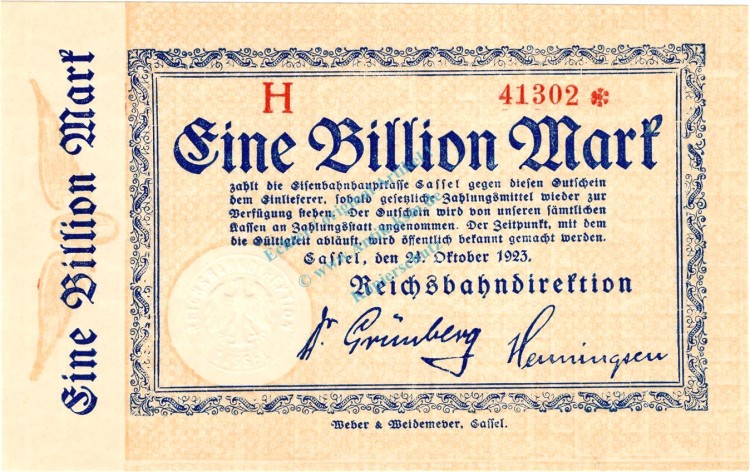 Cassel , Banknote 1 Billion Mark Schein unc-kfr. Keller 731.k , Hessen 1923 Inflation