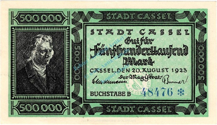 Cassel , Banknote 500.000 Mark Schein unc-kfr. Keller 718 , Hessen 1923 Inflation