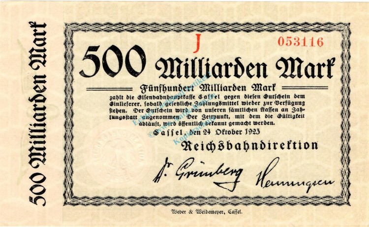 Cassel , Banknote 500 Milliarden Mark Schein unc-kfr. Keller 731.k , Hessen 1923 Inflation