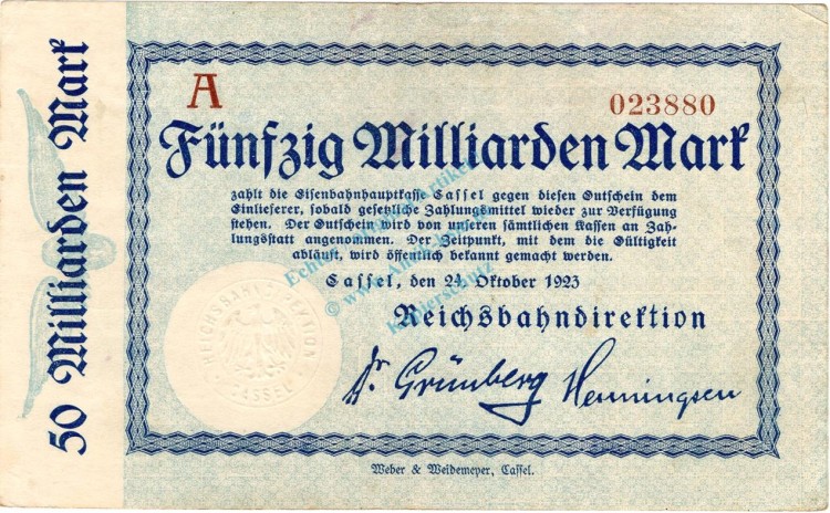 Cassel , Banknote 50 Milliarden Mark Schein L-gbr. Keller 731.k , Hessen 1923 Inflation