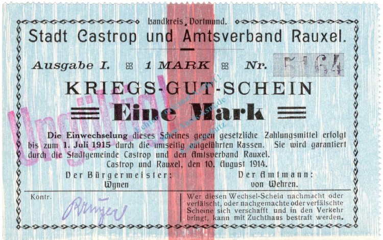 Castrop , Notgeld 1 Mark Schein in kfr. Diessner 59.2.c , Westfalen 1914 Notgeld 1914-15