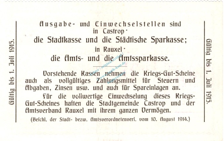 Castrop , Notgeld 1 Mark Schein in kfr. Diessner 59.2.c , Westfalen 1914 Notgeld 1914-15