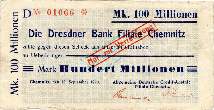 Chemnitz , Banknote 100 Millionen Mark Scheck gbr. Bühn 573.44 , Sachsen 1923 Inflation