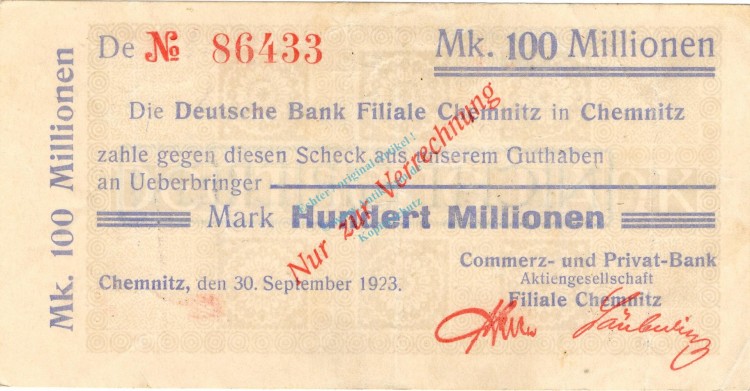 Chemnitz , Banknote 100 Millionen Mark Scheck gbr. Bühn 580.77 , Sachsen 1923 Inflation