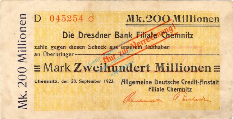 Chemnitz , Banknote 200 Millionen Mark Scheck gbr. Bühn 573.46 , Sachsen 1923 Inflation