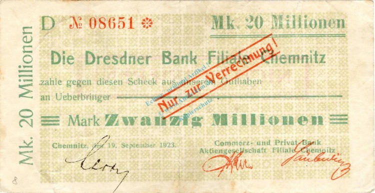 Chemnitz , Banknote 20 Millionen Mark Scheck gbr. Bühn 580.95 , Sachsen 1923 InflationChemnitz , Banknote 20 Millionen Mark Scheck gbr. Bühn 580.95 , Sachsen 1923 Inflation
