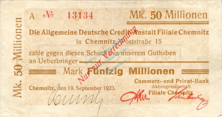 Chemnitz , Banknote 50 Millionen Mark Scheck gbr. Bühn 580.12 , Sachsen 1923 Inflation