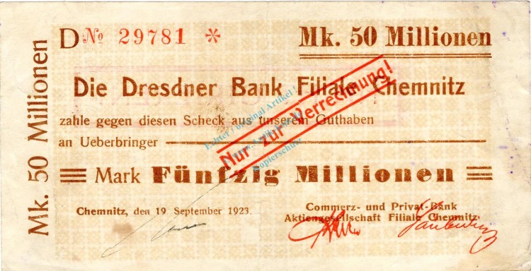 Chemnitz , Banknote 50 Millionen Mark Scheck gbr. Bühn 580.96 , Sachsen 1923 Inflation