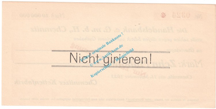 Chemnitz , Kettenfabrik 10 Millionen Mark Scheck in kfr. Keller 772.b , Sachsen 1923 Grossnotgeld Inflation