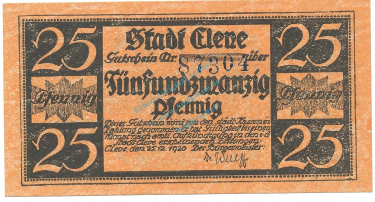 Cleve , Notgeld 25 Pfennig Schein unc-kfr. Tieste 1155.20.03 , RHL 1920 Verkehrsausgabe -4060-