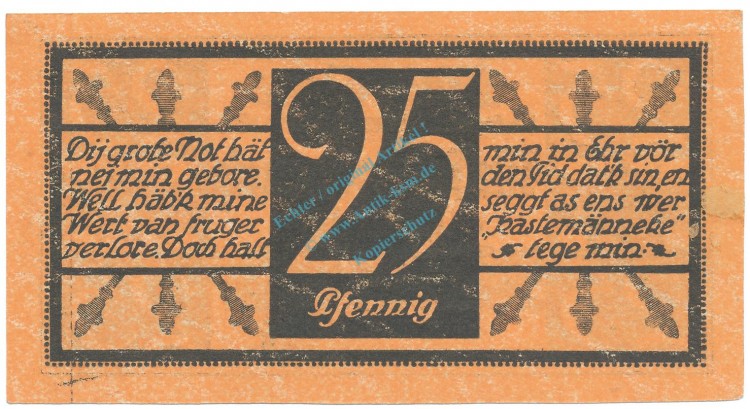 Cleve , Notgeld 25 Pfennig Schein unc-kfr. Tieste 1155.20.03 , RHL 1920 Verkehrsausgabe -4060-