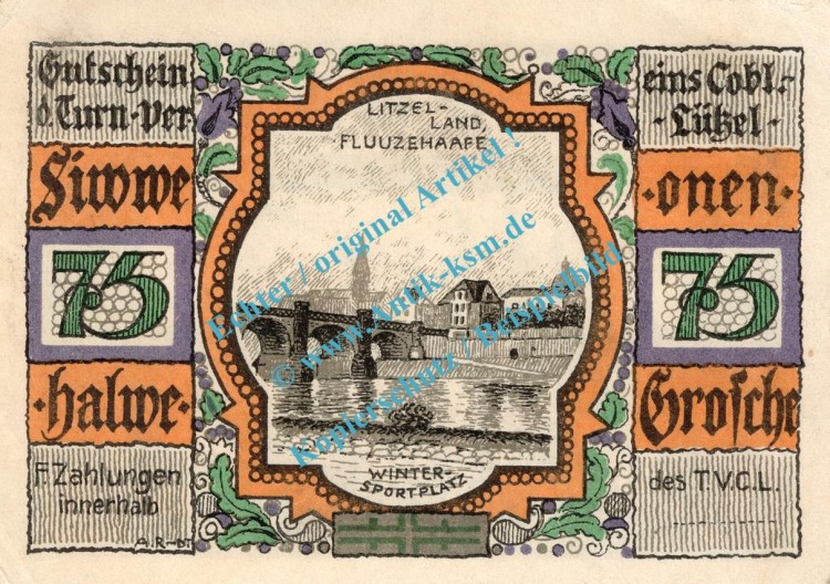 Coblenz Lützel , Notgeld 75 Pfennig Schein Nr.2 in kfr. M-G 234.1 , Rheinland o.D. Seriennotgeld