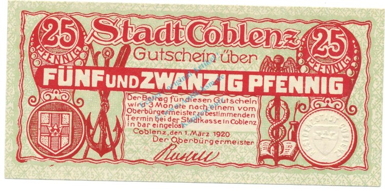 Coblenz , Notgeld 25 Pfennig Schein unc-kfr. Tieste 1165.60.26 , RHL 1920 Verkehrsausgabe -4066-