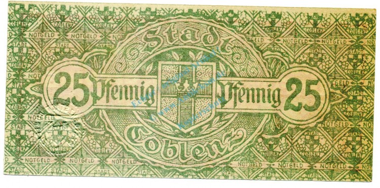 Coblenz , Notgeld 25 Pfennig Schein unc-kfr. Tieste 1165.60.26 , RHL 1920 Verkehrsausgabe -4066-