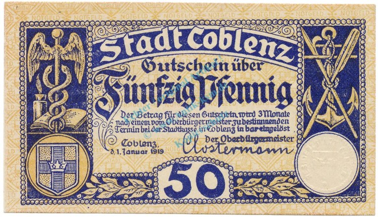 Coblenz , Notgeld 50 Pfennig Schein unc-kfr. Tieste 1165.60.20 , RHL 1919 Verkehrsausgabe -0163-