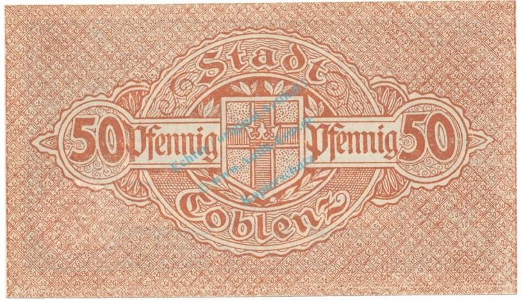 Coblenz , Notgeld 50 Pfennig Schein unc-kfr. Tieste 1165.60.20 , RHL 1919 Verkehrsausgabe -0163-