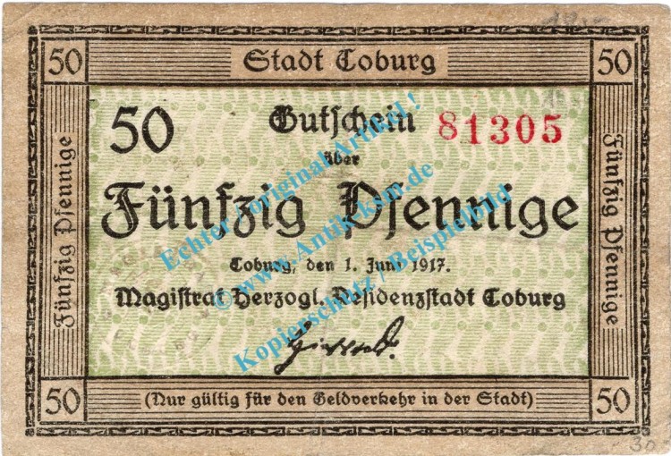 Coburg , Notgeld 50 Pfennig Schein in gbr. Tieste 1170.05.05 , Bayern 1917 Verkehrsausgabe