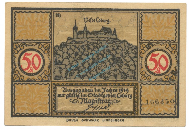 Coburg , Notgeld 50 Pfennig Schein unc-kfr. Tieste 1170.05.20 , BAY 1919 Verkehrsausgabe -4067-