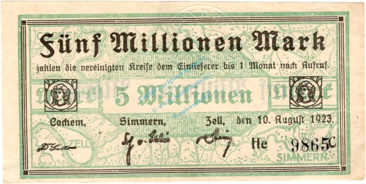 Cochem , Banknote 5 Millionen Mark Schein gbr. Keller 875.a , Rheinland 1923 Inflation
