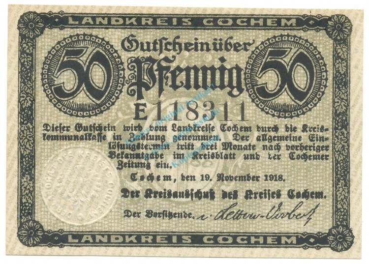 Cochem , Notgeld 50 Pfennig Schein unc-kfr. Tieste 1175.05.01 , RHL 1918 Verkehrsausgabe -4152-
