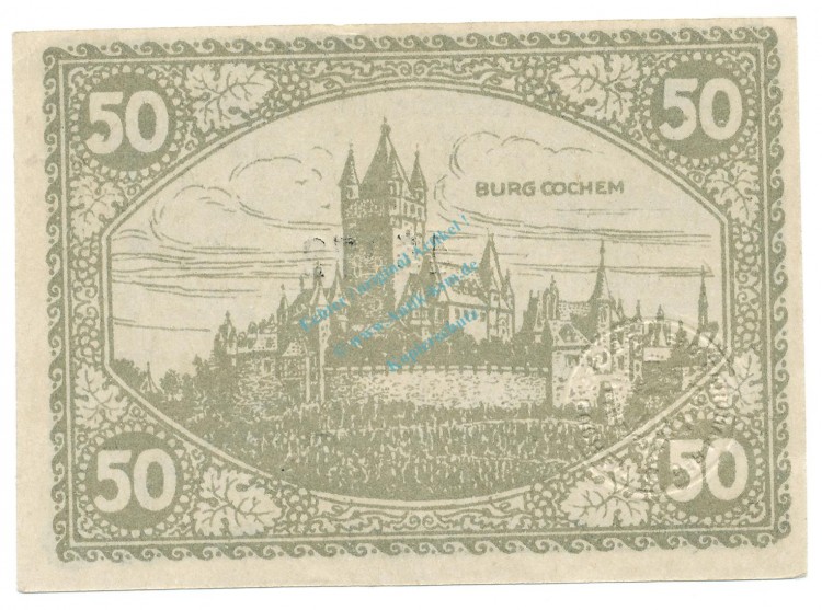 Cochem , Notgeld 50 Pfennig Schein unc-kfr. Tieste 1175.05.01 , RHL 1918 Verkehrsausgabe -4152-