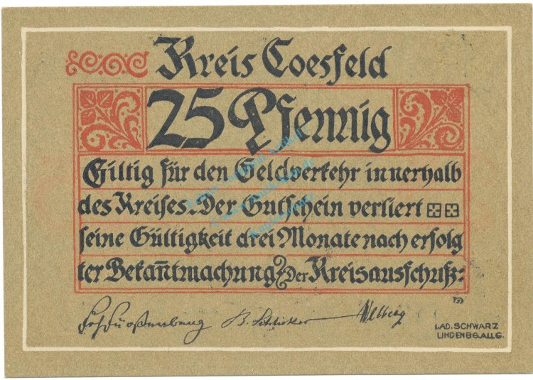 Coesfeld , Notgeld 25 Pfennig -MUSTER- Schein unc-kfr. Tieste 1185.05.01.M , NRW o.D. Verkehrsausgabe -4103-