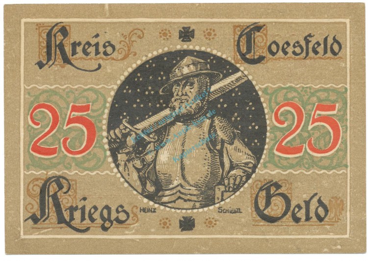 Coesfeld , Notgeld 25 Pfennig Schein unc-kfr. Tieste 1185.05.10 , NRW o.D. Verkehrsausgabe -4105-