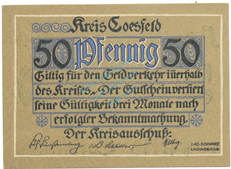Coesfeld , Notgeld 50 Pfennig -MUSTER- Schein unc-kfr. Tieste 1185.05.02.M , NRW o.D. Verkehrsausgabe -4102-